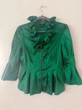 Regencycore Jewel Button Emerald Shantung Ruffle Blouse - Adrianna Papell